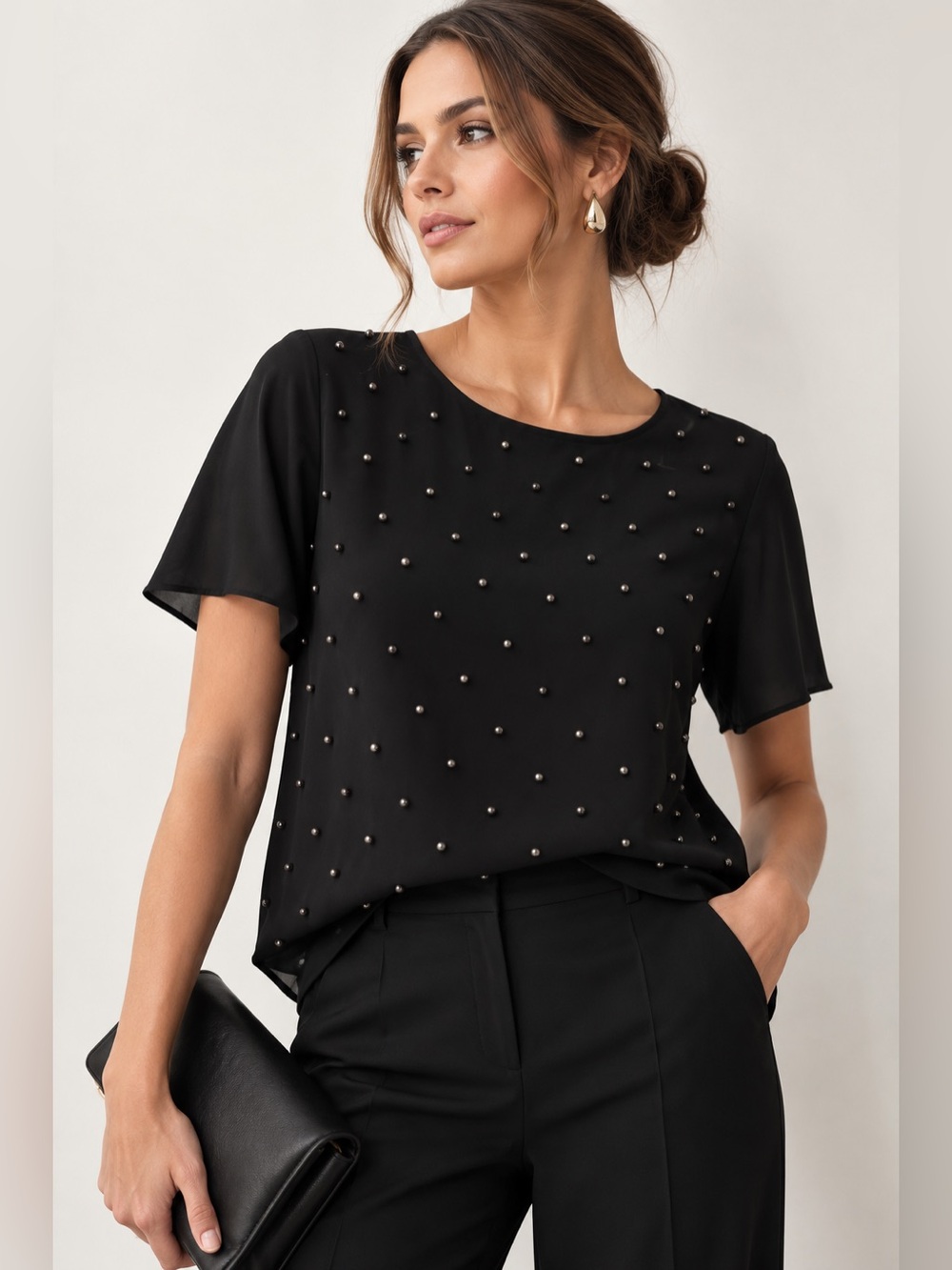 Reitmans Pearl Embellished Blouse NWT Black Size Medium